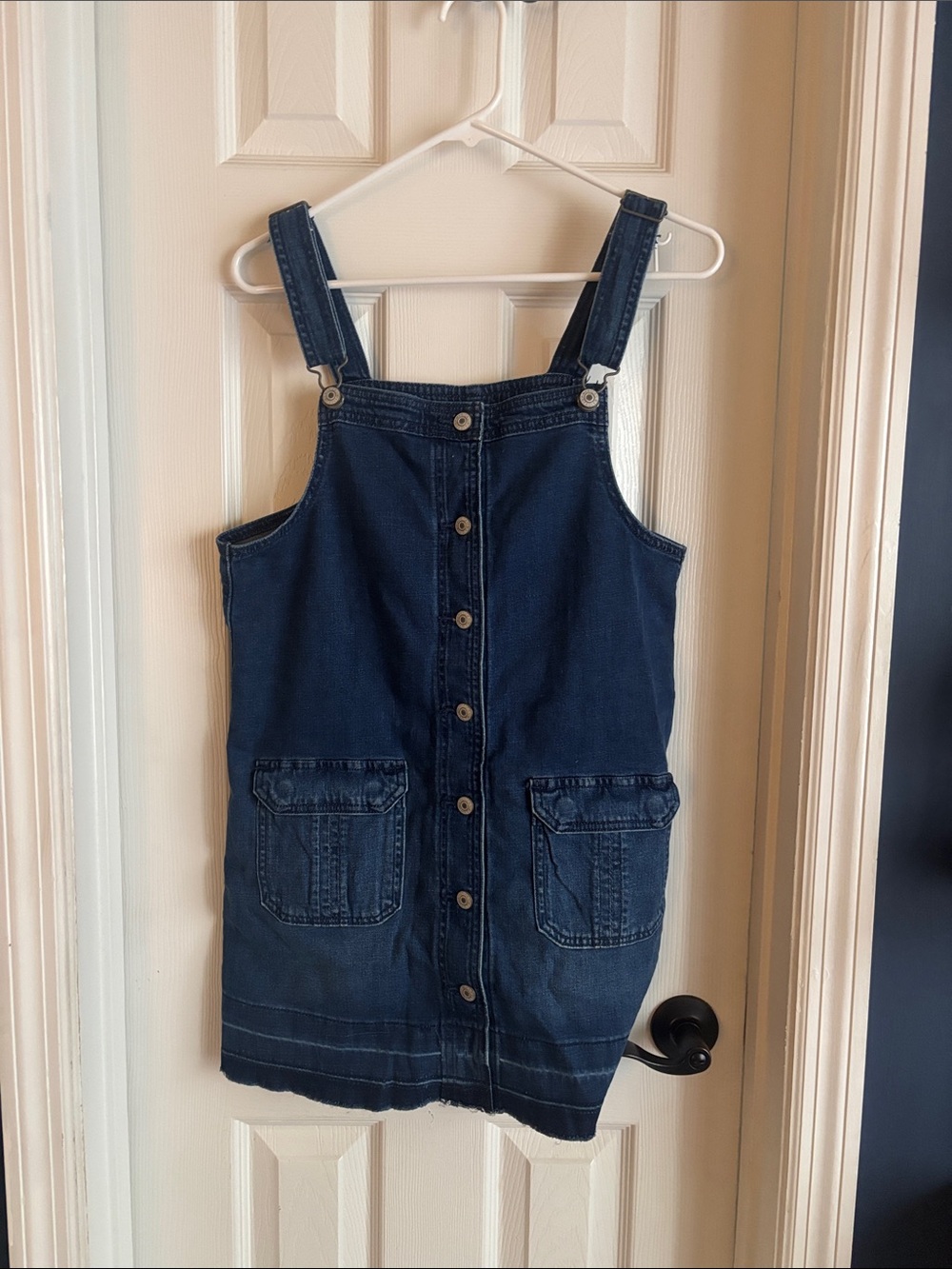 Denim Button-Front Pinafore Dress in Dark Blue